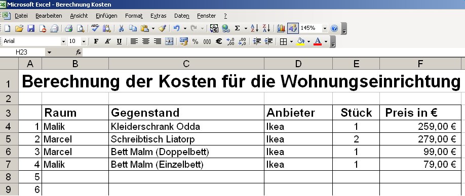 Berechnung Wohnungseinrichtung in Excel Berechnung Wohnungseinrichtung in Excel